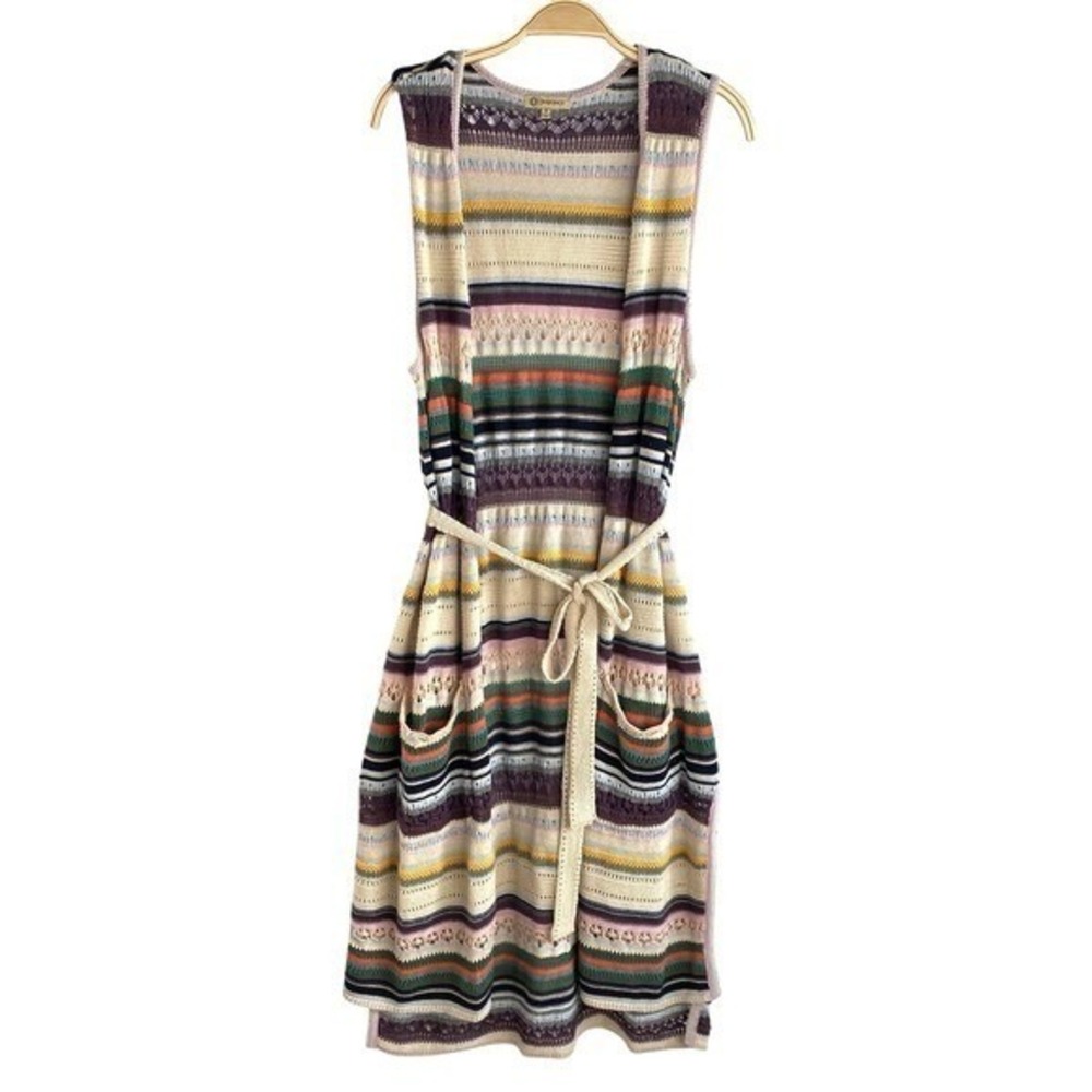 Democracy Boho Striped Crochet Knit Longline Vest Women M Multicolor Tie Waist